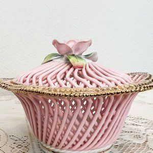 Pink Vintage Porcelain Lattice & Braided Trinket dish with Lid & Pink Rose